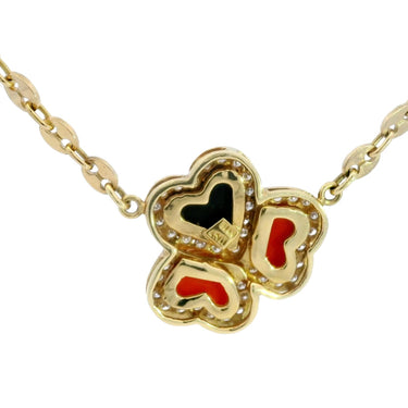 Vintage Clover Heart Mariner Necklace Coral Onyx Diamond 18 Karat Yellow Gold