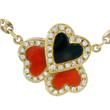 Vintage Clover Heart Mariner Necklace Coral Onyx Diamond 18 Karat Yellow Gold