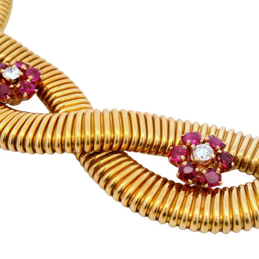 Retro Double Tubogas Necklace with Diamonds and Rubies in 18 Karat Yellow Gold