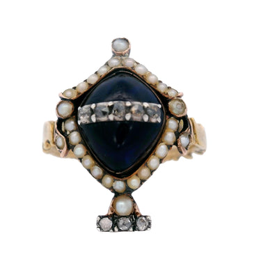 Georgian Urn Mourning Ring with Synthetic Sapphire and Diamonds in 18K Gold