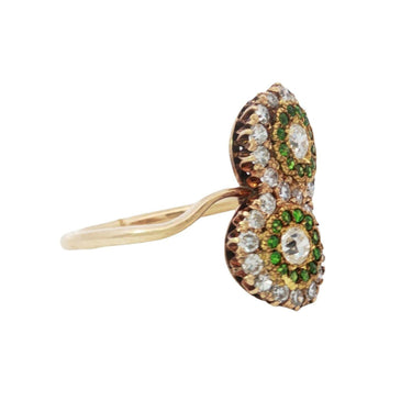 Victorian Diamond Bypass Ring Demantoid Garnet 14K Yellow Gold Size 7.5