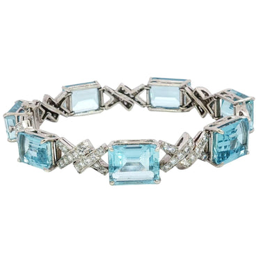 Art Deco Aquamarine Diamond Bracelet ~35.9ctw 14K White Gold