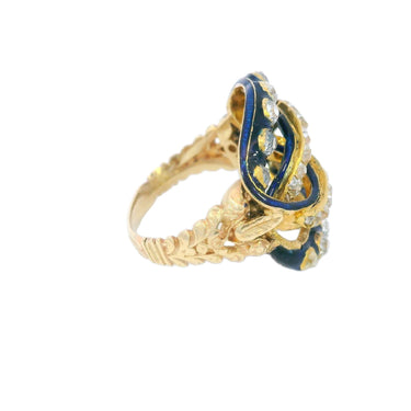 Victorian Circa 1860 Blue Enamel and Diamond Woven Knot Ring in High Karat Gold