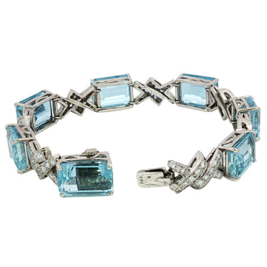 Art Deco Aquamarine Diamond Bracelet ~35.9ctw 14K White Gold