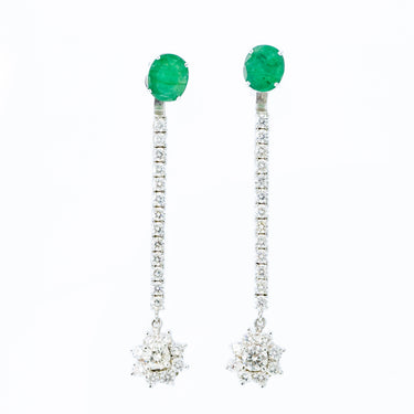 14 Karat White Gold Emerald and Diamond Drop Hanging Detachable Earrings