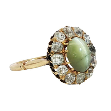 Victorian 18K Diamond Cluster Ring Catseye Chrysoberyl Yellow Gold ~2.26ctw
