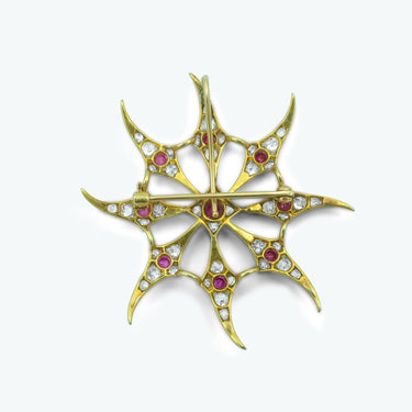 Antique Diamond and Ruby Spider Web Sun Brooch Pendant in 18 Karat Gold