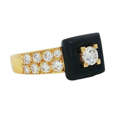 Van Cleef & Arpels Pave Diamond Black Onyx Band Ring 18K Yellow Gold Size 7