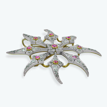 Antique Diamond and Ruby Spider Web Sun Brooch Pendant in 18 Karat Gold