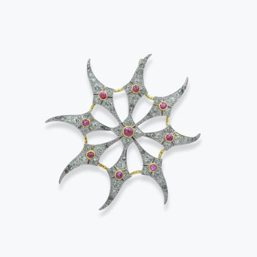 Antique Diamond and Ruby Spider Web Sun Brooch Pendant in 18 Karat Gold