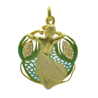 Masriera Art Nouveau Style Pendant 18 Karat Gold Plique a Jour Enamel & Diamonds