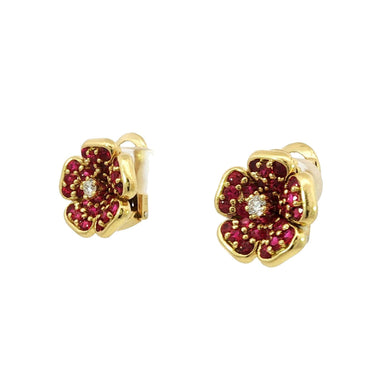 Asprey Ruby Diamond Earrings Flower Motif 18K Yellow Gold ~2.43ctw