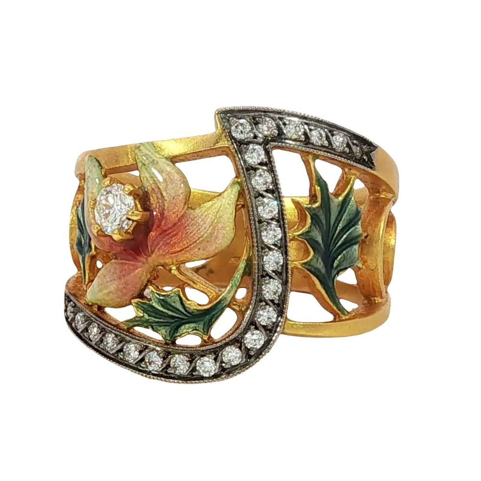 Masriera Plique-a-Jour Enamel Diamond 18K Yellow Gold Leaf Motif Ring Size 7