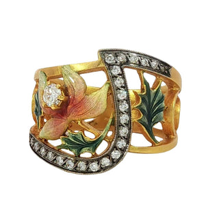Masriera Plique-a-Jour Enamel Diamond 18K Yellow Gold Leaf Motif Ring Size 7
