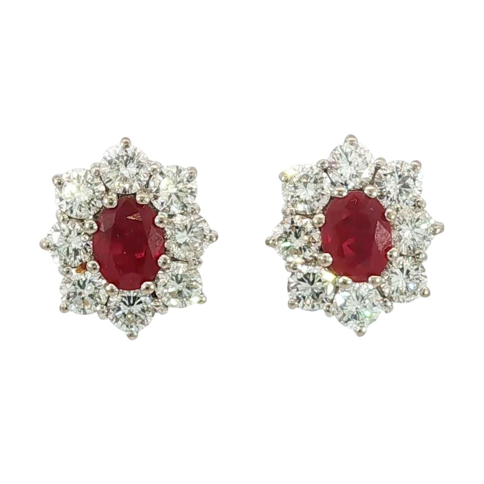 Vintage Ruby Diamond Halo Stud Earrings Platinum 14K Backs Burma Heated ~4.4ctw