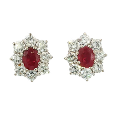 Vintage Ruby Diamond Halo Stud Earrings Platinum 14K Backs Burma Heated ~4.4ctw