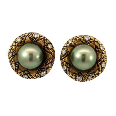 Alex Sepkus 18K Pearl Earrings Yellow Gold Diamond Estate Clip-on