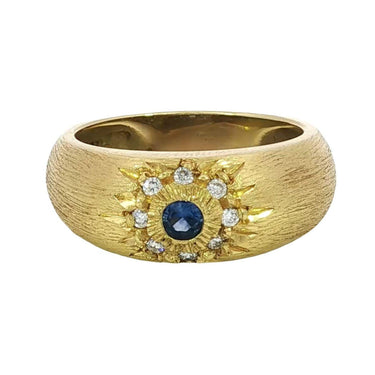 MAZ 18K Diamond Starburst Ring Sapphire Center Florentine Matted Yellow Gold