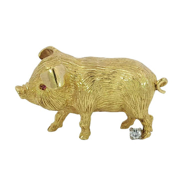 Vintage 18K Pig Pendant Diamond Yellow Gold