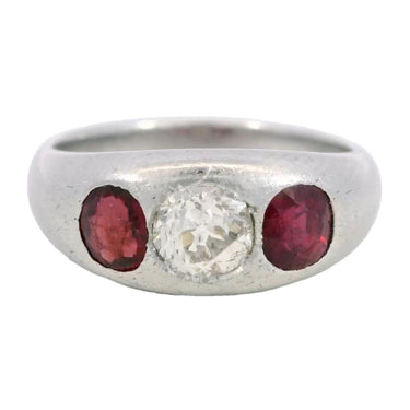 Platinum Three Stone Gypsy Ring Rubies Diamond Center Late Deco 1950's