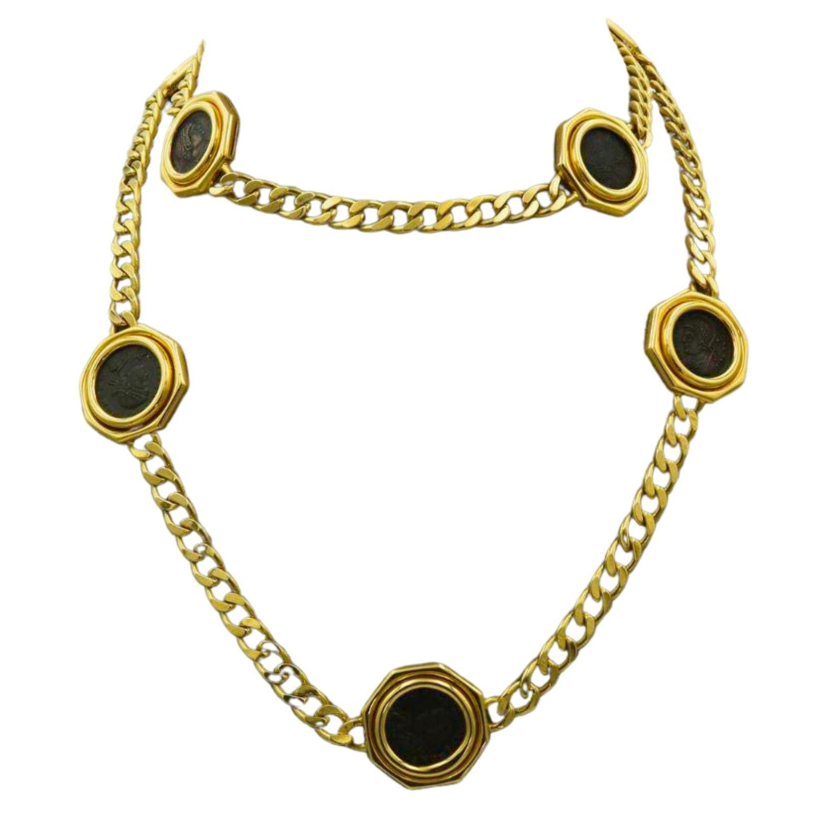 Bulgari Monete Yellow Gold Ancient Coin Curb Link Necklace 18k 8 Coins 35"