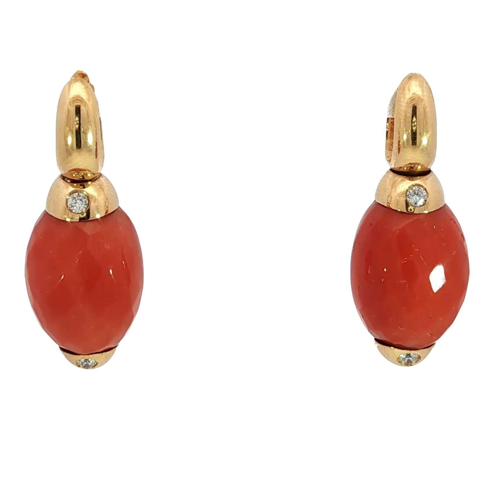 Estate 18K Coral Drop Earrings by Angeletti Roma Diamond Accents Yellow Gold
