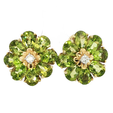 Maz Flower Cluster Earrings 14k Peridot Diamond Earrings Yellow Gold ~12.32ctw