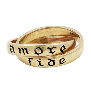 Vintage 14K Rolling Ring Yellow Gold Black Enamel SZ6 'Amore Fide' 'Love Faith'
