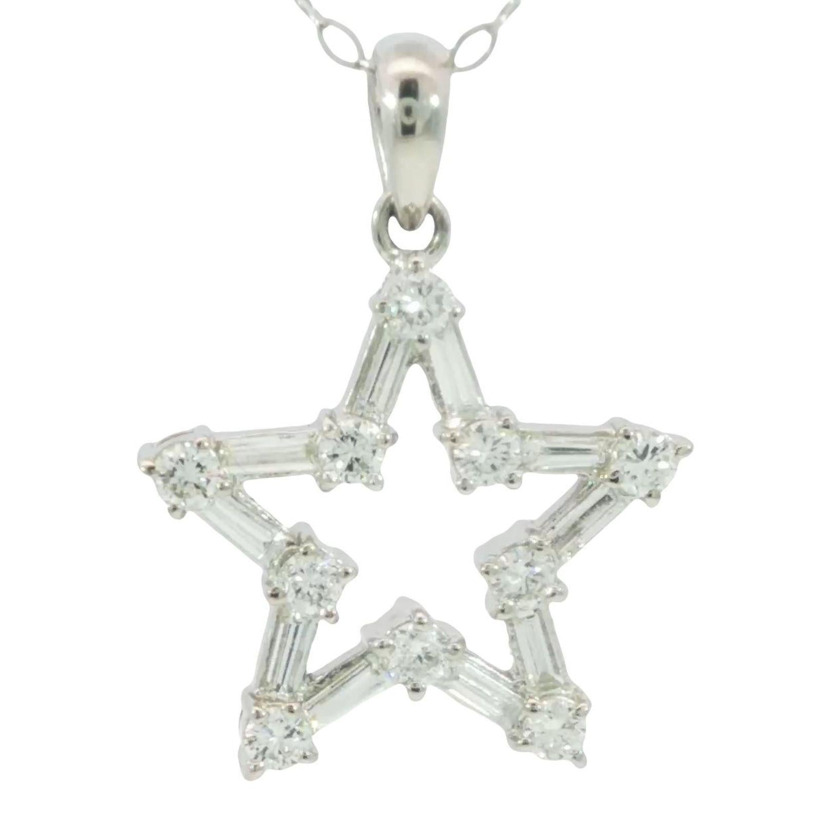Platinum Diamond Star Pendant 18K Necklace Baguette-cut & Round Diamonds ~.75ctw