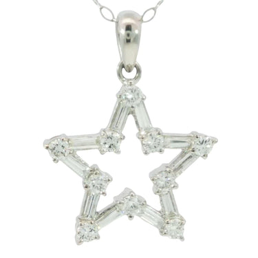 Platinum Diamond Star Pendant 18K Necklace Baguette-cut & Round Diamonds ~.75ctw