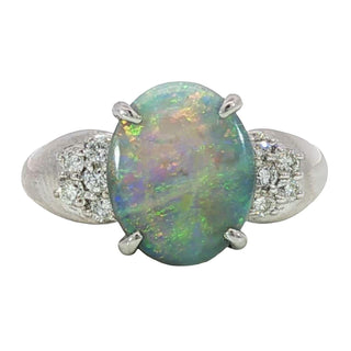 Estate Black Opal Ring Platinum Diamond Accents Size 5.5 ~1.61ctw