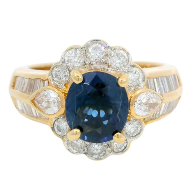 Estate Sapphire Diamond Cluster Ring 18K Yellow Gold Size 6.75 ~3.02ctw