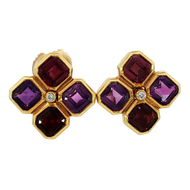 Bulgari Carre Earrings Amethyst Tourmaline Clip-ons 18K Yellow Gold