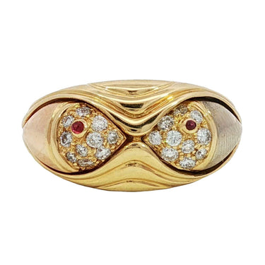 Bulgari Naturalia Diamond Ring 18K Tri Color Gold Ruby Eyes Size 6.25