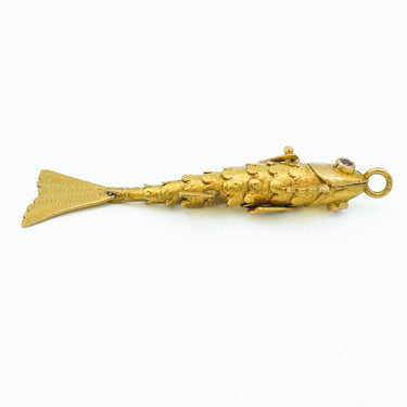 Mid-Century 18 Karat Yellow Gold Articulated Fish Pendant with Ruby Eyes