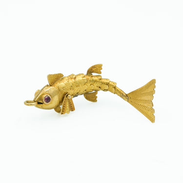 Mid-Century 18 Karat Yellow Gold Articulated Fish Pendant with Ruby Eyes