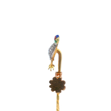 Victorian 18K Yellow Gold Pheasant Stickpin Rose Cut Diamonds and Enamel