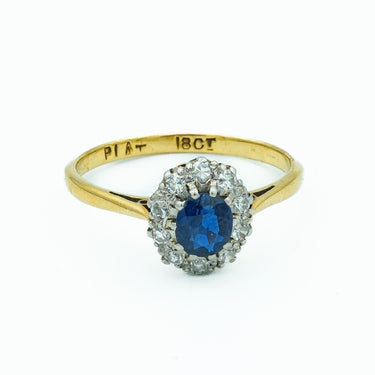 Victorian Sapphire and Diamond Cluster Ring Platinum Top and 18k Gold