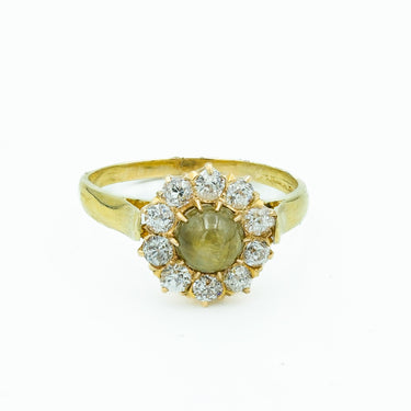 Victorian Cats Eye and Old Mine Cut Diamond Cluster 18 Karat Yellow Gold Ring