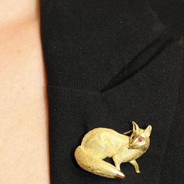 Hermes Paris Fox Brooch Vintage 18K Yellow Gold Ruby Eyes c1960