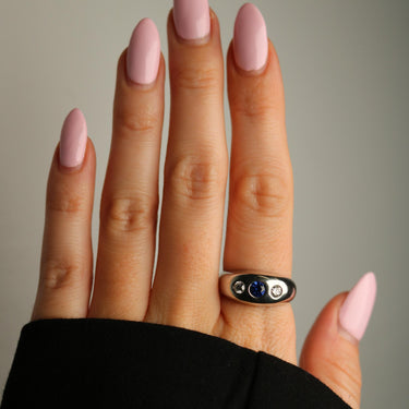 Vintage Three Stone Gypsy Ring with Sapphire and Diamonds in 14K White Gold
