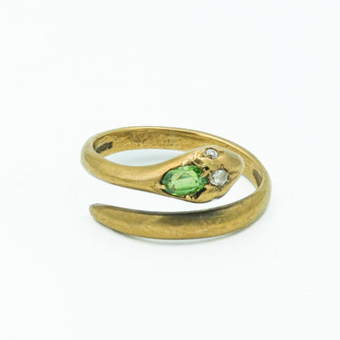 9 Karat Yellow Gold Snake Ring with Demantoid Garnet and Diamonds