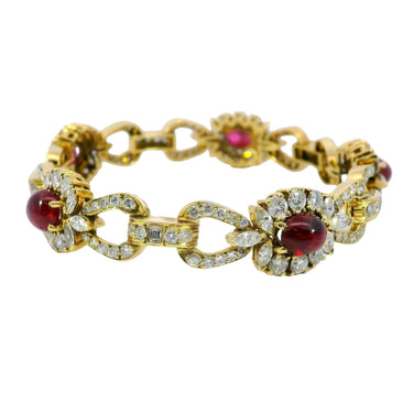 Vintage Extraordinary Ruby and Diamond Cluster Link Bracelet in 18K Yellow Gold