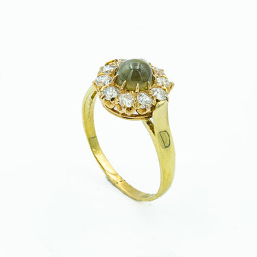 Victorian Cats Eye and Old Mine Cut Diamond Cluster 18 Karat Yellow Gold Ring