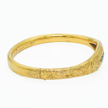 Art Nouveau Engraved 1907 18 Karat Yellow Gold Bangle With Sapphires