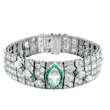 Art Deco Circa 1920 Diamond and Emerald Platinum Straight Line Bracelet