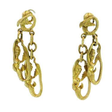 Vintage Mermaid Dangle Earrings 18K Yellow Gold Clip Ons