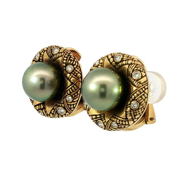 Alex Sepkus 18K Pearl Earrings Yellow Gold Diamond Estate Clip-on