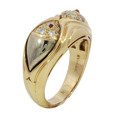 Bulgari Naturalia Diamond Ring 18K Tri Color Gold Ruby Eyes Size 6.25