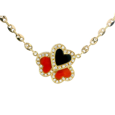 Vintage Clover Heart Mariner Necklace Coral Onyx Diamond 18 Karat Yellow Gold